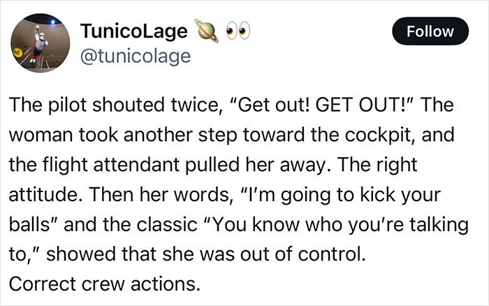 Alt text: Twitter post describing crew tackling a disruptive passenger trying to storm the cockpit during a flight delay.