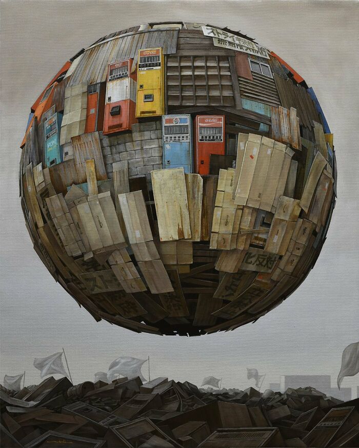 Surreal floating sphere made of post-apocalyptic urban city debris and vending machines hovering above rubble.