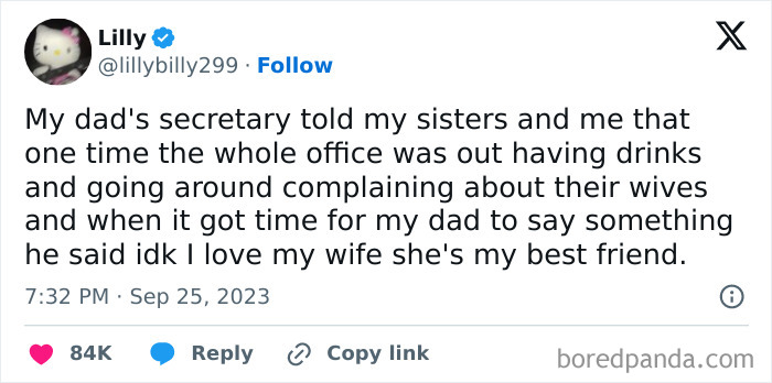 Tweet about a dad expressing love for his wife during an office outing, shared by user Lilly on social media.