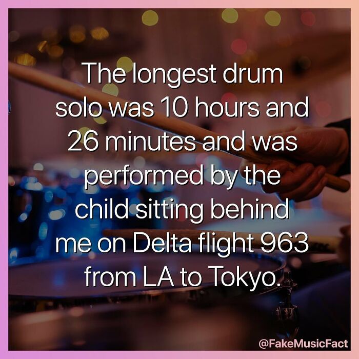 Relatable parenting meme about a long drum solo by a child on a flight, shared on Instagram.