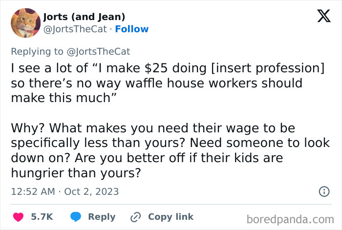 Twitter user expressing frustration with capitalism and wage inequality, questioning attitudes towards worker pay.