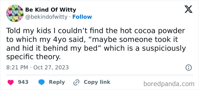 Funny tweet about a child's suspiciously specific theory on missing cocoa powder, with a thinking emoji.