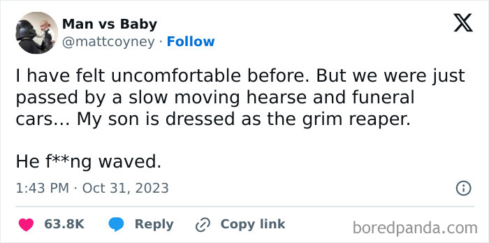 Tweet about a son dressed as the grim reaper humorously waving at a hearse, capturing a funny meme moment.