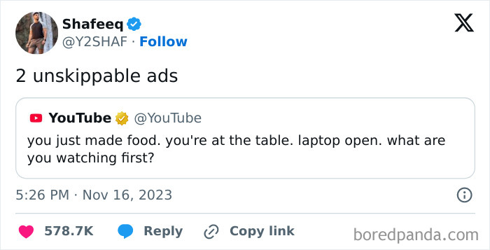 Funny meme showing a Twitter post joking about two unskippable ads on YouTube.