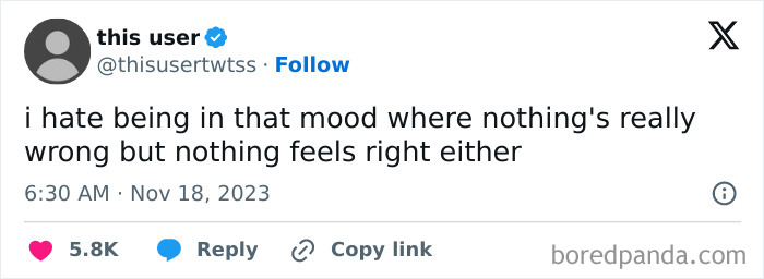 Tweet expressing the relatable anxiety mood where nothing feels right, humorously capturing anxiety experience in a silly meme.