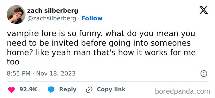 Tweet humor about vampire lore and needing an invitation, relating to the avocado generation.