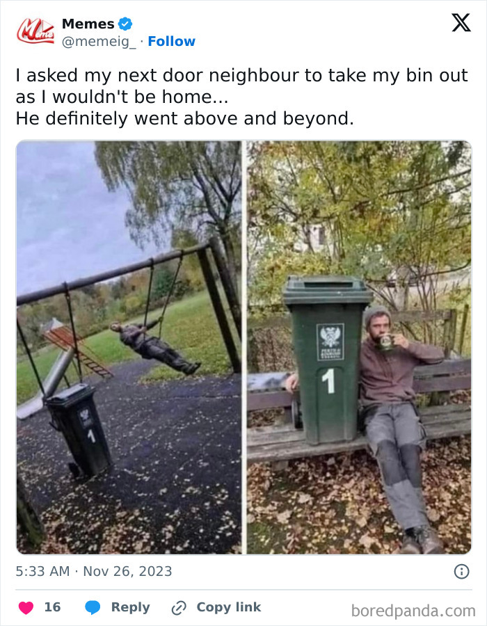 Man humorously swings with a bin and drinks coffee, embodying classic dad jokes style humor in two-panel image.