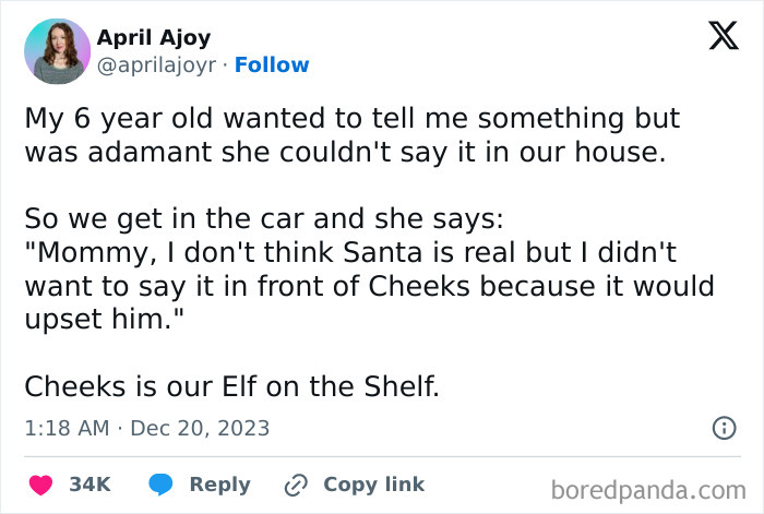 Funny tweet about a child questioning Santa's existence to avoid upsetting their Elf on the Shelf.