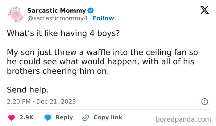 Funny parenting post about a boy throwing a waffle into a ceiling fan with his brothers cheering him on.