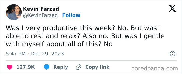 Kevin Farzad's tweet on self-reflection and ironic humor with 127.9K likes, showcasing a relatable meme.