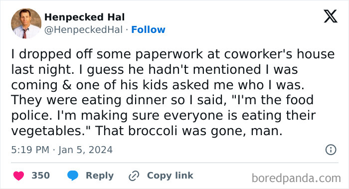 Relatable parenting meme about being "the food police" during dinner, shared on How To Be A Dad's Instagram account.