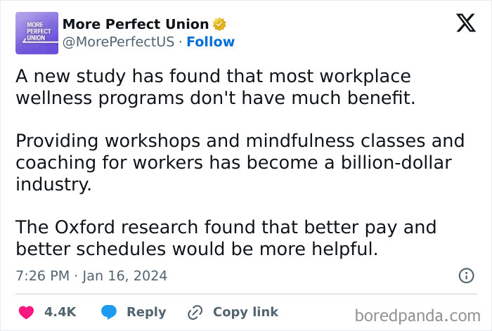 Tweet on anti-work themes discussing workplace wellness, industry profits, and the need for better pay and schedules.
