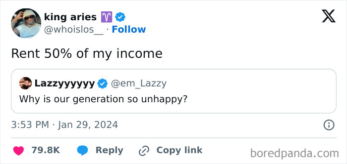 Social media meme about high rent costs, highlighting generational unhappiness.