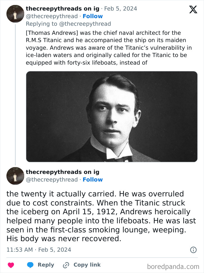 Black and white photo of Thomas Andrews, Titanic naval architect, linked to spooky facts about our world and haunting history.