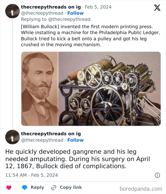 Portrait of William Bullock next to his complex printing press invention with spooky facts about the world and fatal accident details.