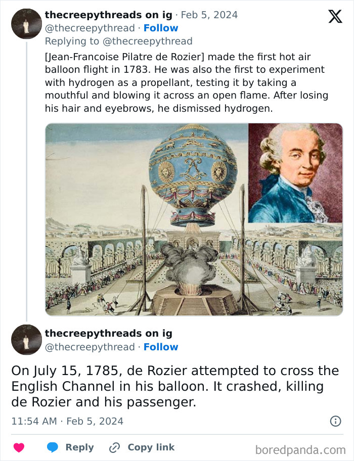 Illustration of the first hot air balloon flight by de Rozier with a portrait, highlighting spooky facts about our world.