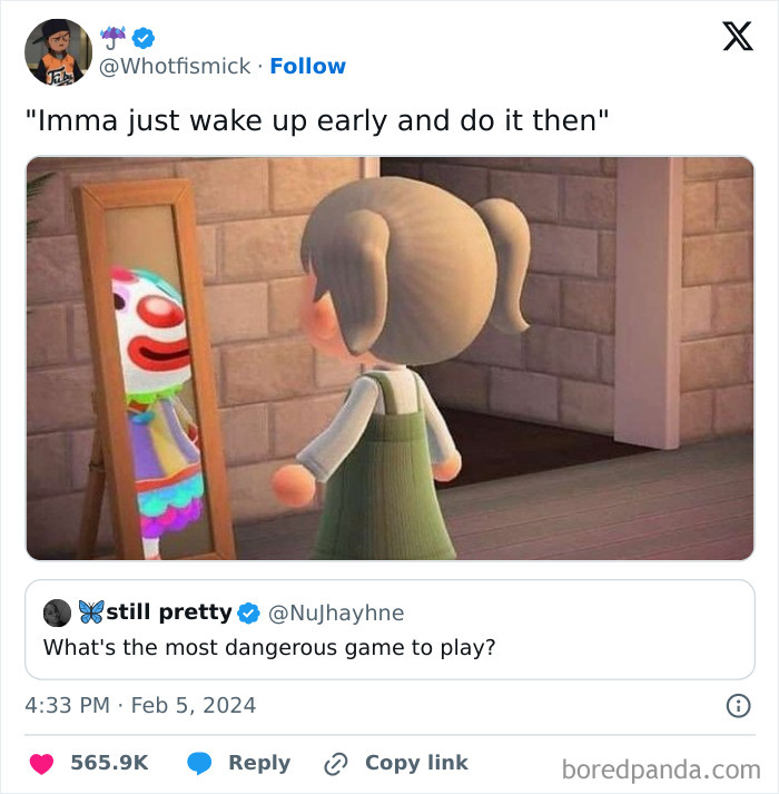 A relatable meme of an Animal Crossing character looking into a mirror, humorously captioned about waking up early.