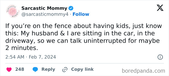 Funny parenting post about finding quiet time by sitting in the car in the driveway to talk uninterrupted for two minutes.