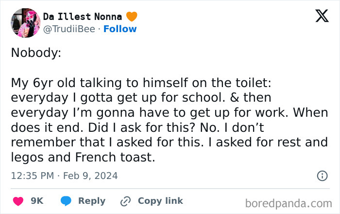 Funny tweet about a child's existential thoughts while talking to himself on the toilet.
