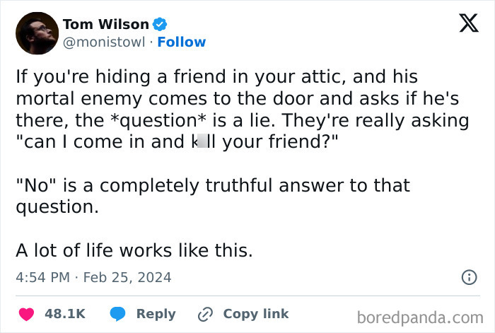 Meme text highlighting nihilistic humor, questioning truth and perspective in everyday scenarios.