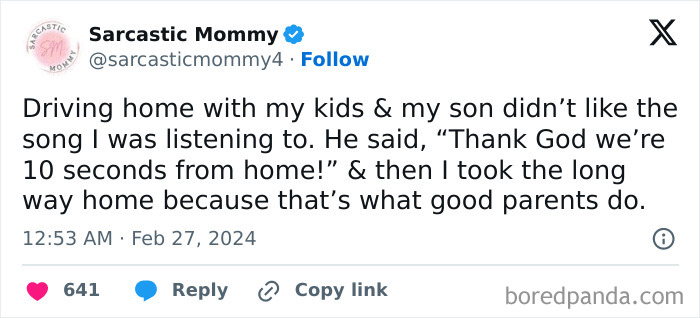 Tweet about funny parenting moments, with a mom humorously reacting to her son's comment about music on the drive home.