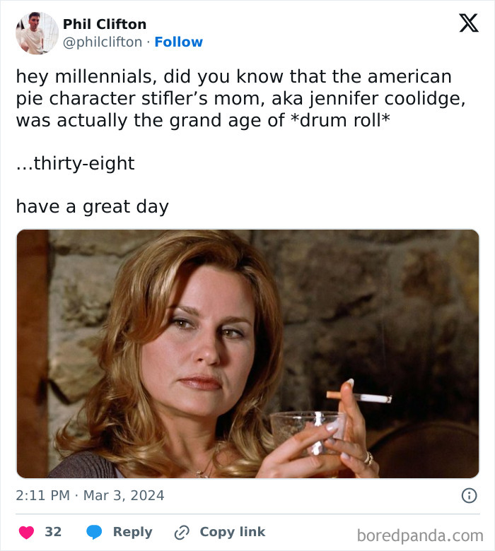 Avocado generation meme featuring a woman holding a drink and cigarette, with text about a movie character's age.