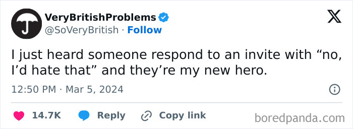 Anti-social meme about declining an invitation, captioned by VeryBritishProblems on a black background.