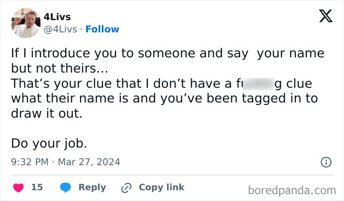 Text post humorously related to forgetting names, resonates with the avocado generation.