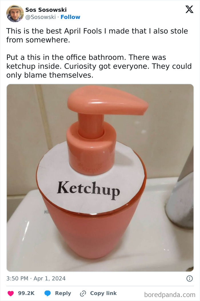 Funny coworkers prank with a soap dispenser labeled as "Ketchup" in an office bathroom.