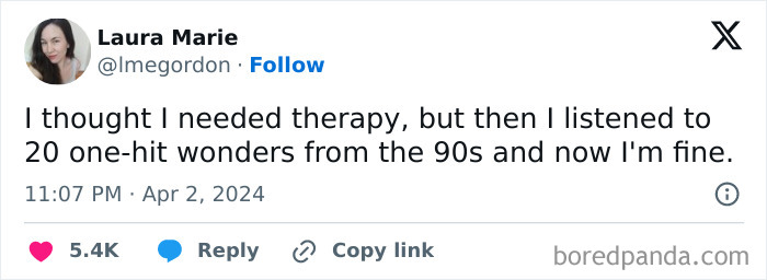 Millennial Misery meme about finding comfort in 90s one-hit wonders instead of therapy, shared by a user on Instagram.