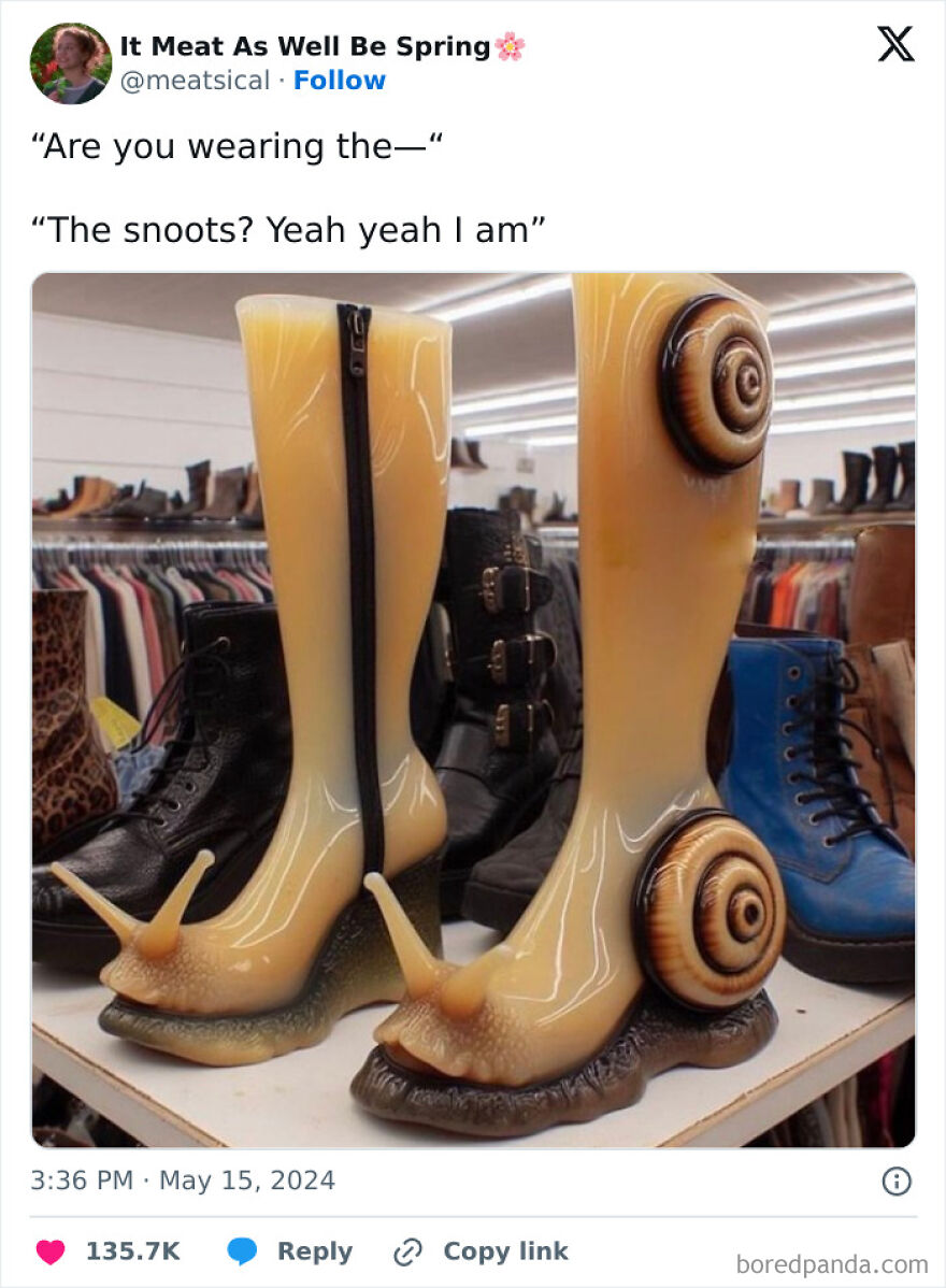 Snail-shaped boots on display in a shoe store with meme text about wearing unique footwear.