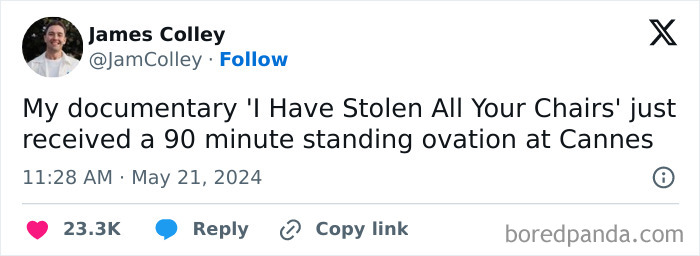 Tweet joking about a documentary titled 'I Have Stolen All Your Chairs' receiving applause at Cannes, highlighting millennial humor.