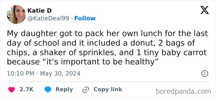 Tweet humorously captures parenting: daughter's self-packed school lunch with donut, chips, sprinkles, and a baby carrot.