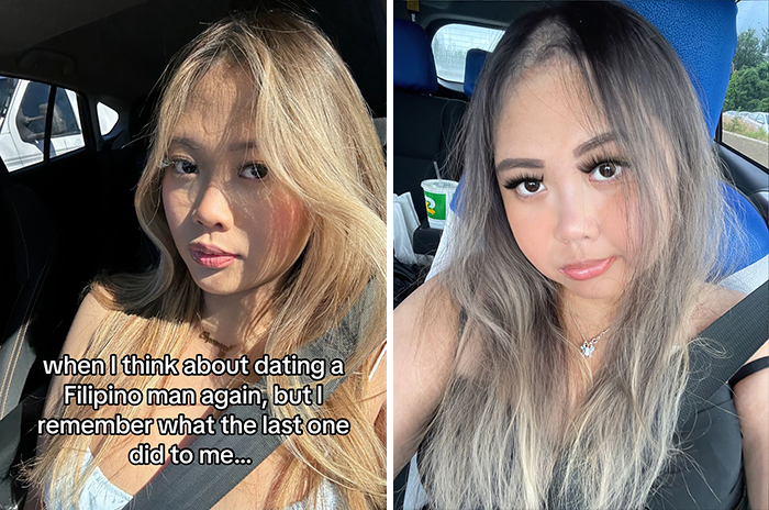 Two images of a woman in a car; showcasing her appearance while single versus in a relationship.