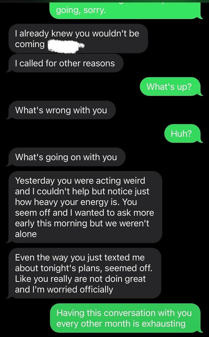 Text exchange discussing relationship and energy levels.