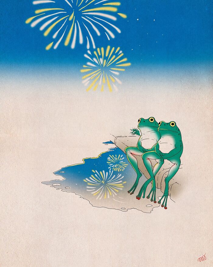 Two vibrant frogs on a ledge watching colorful fireworks in a whimsical illustration by María Jesús Contreras.