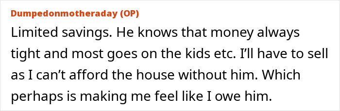 Text from a post discussing financial strain and the end of a relationship involving a money demand.