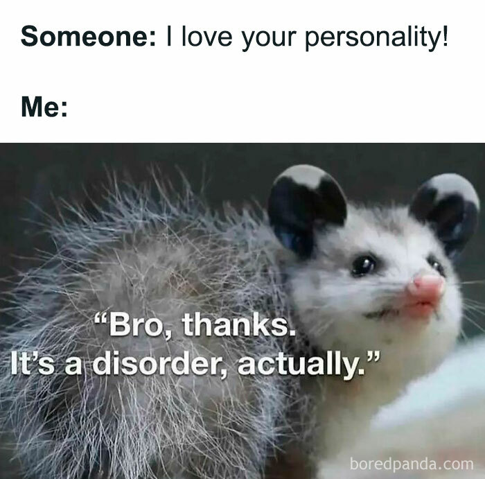 A humorous philosophy meme with a possum saying, "Bro, thanks. It's a disorder, actually," capturing existential humor.