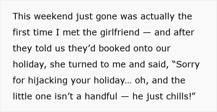 Text describing a family's unexpected holiday guests, mentioning a girlfriend apologizing for joining the vacation.