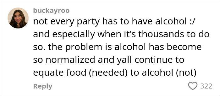 Comment discussing the normalization of alcohol at parties, relating to the dry weddings controversy. Comment discussing the normalization of alcohol at parties, relating to the dry weddings controversy.