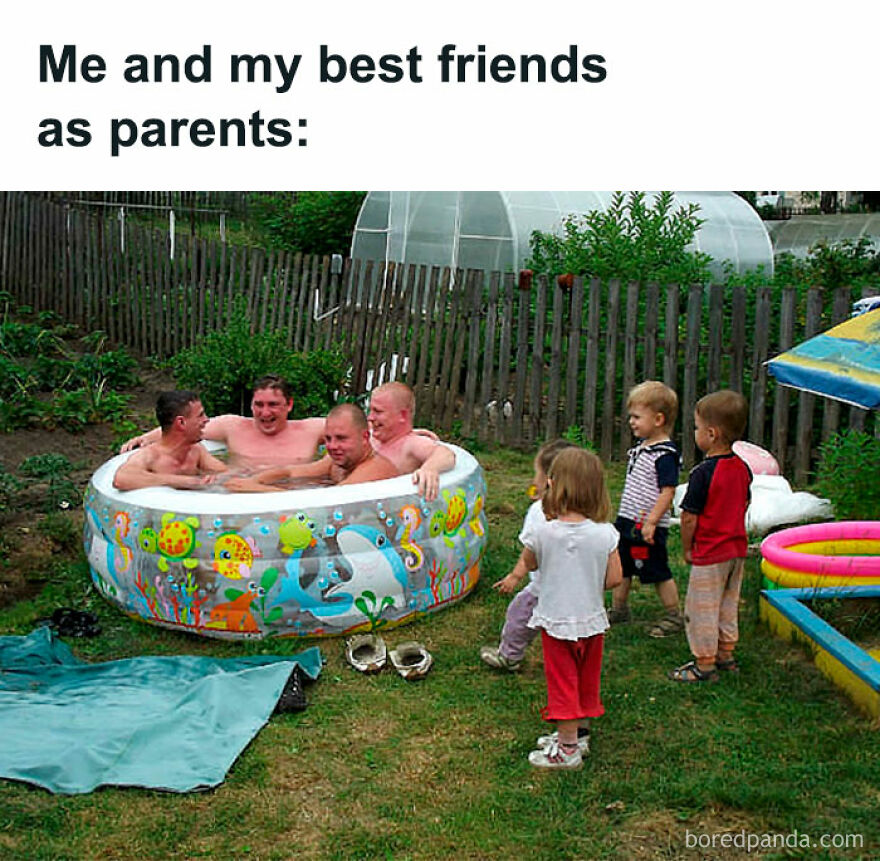 Adults in a kiddie pool surrounded by children in a backyard, illustrating a funny meme scenario.