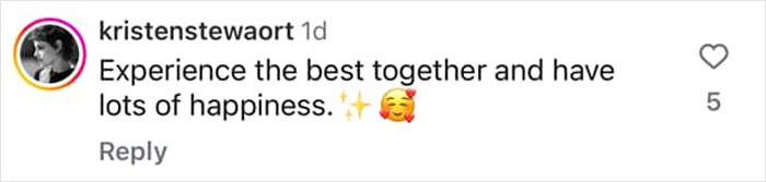 Instagram comment about happiness, with heart and sparkle emojis, celebrating lovebirds and their joyful experiences.