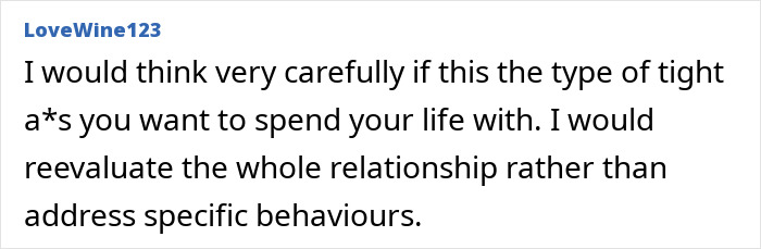 Comment expressing frustration over BF splurging on female colleagues while GF covers expenses, sparking jealousy concerns.