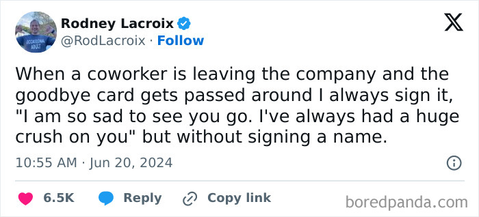 Tweet by Rodney Lacroix humorously sharing a prank involving coworkers and a goodbye card.