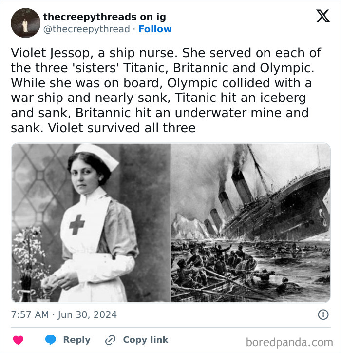 Black and white photo of Violet Jessop, a ship nurse who survived three major shipwrecks, illustrating spooky facts about our world.