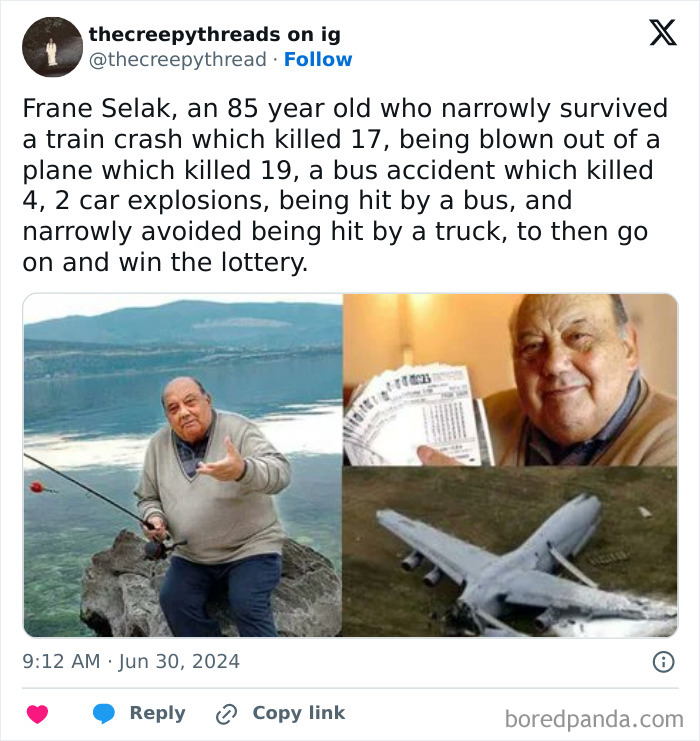 Man fishing by lake, holding lottery tickets, and crashed plane wreckage illustrating spooky facts about our world.