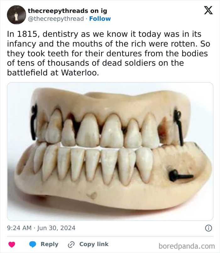 Dentures made from soldiers' teeth at Waterloo battlefield, illustrating spooky facts about our world that might leave you disturbed.