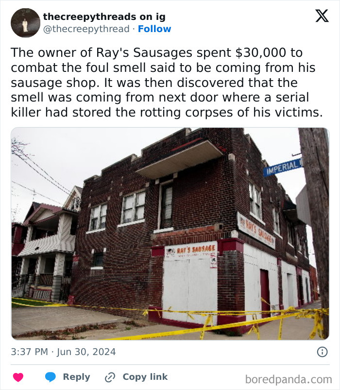 Old brick building with caution tape, linked to a serial killer case, illustrating spooky facts about our world.