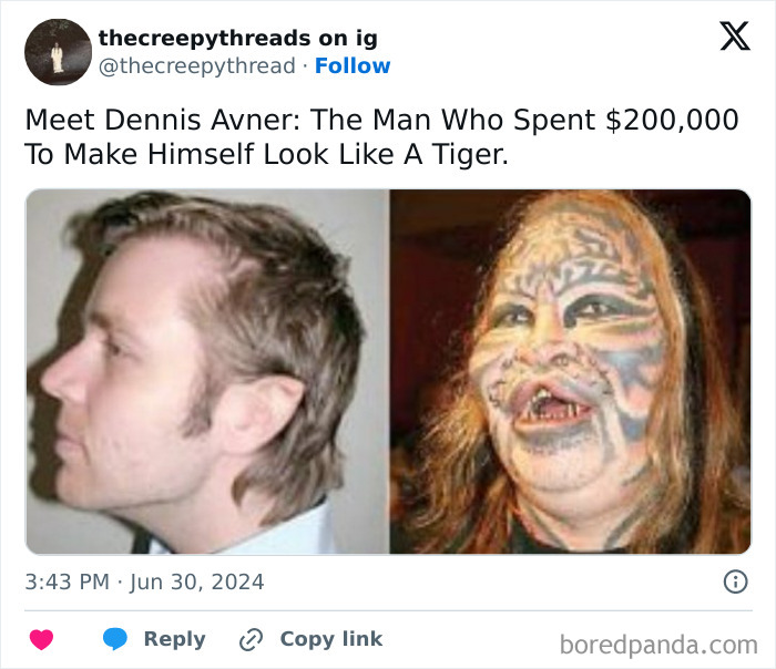 Split image showing a man before and after extensive body modifications for a spooky transformation, fitting spooky facts keywords.