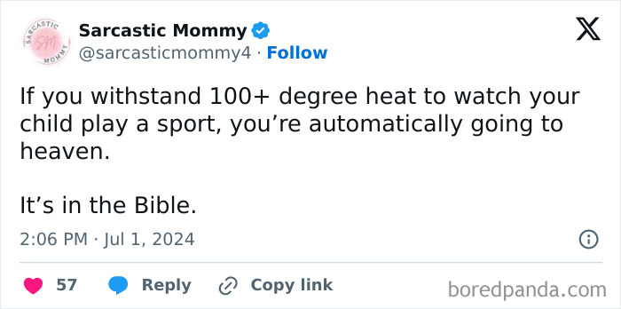 Funny post about parenting: enduring heat for kids' sports ensures a place in heaven, humorously noted as biblical.